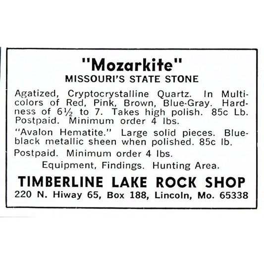 Timberline Lake Rock Shop Mozarkite Lincoln MO 1972 Ad AF8-M3