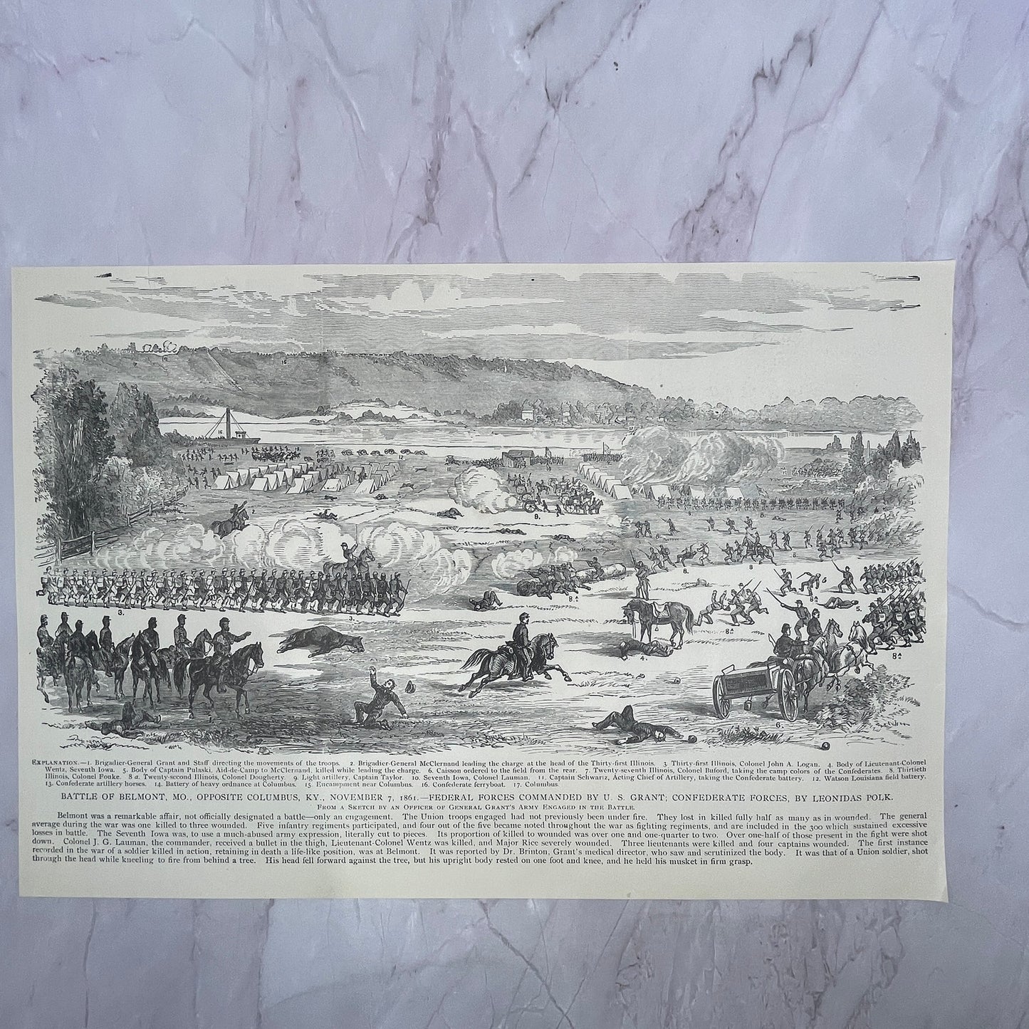 Battle of Belmont MO Gen US Grant, Leonidas Polk 1890s Engraving V14-6