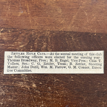 Nov 1878 Zettler Rifle Club Election M.B. Engel Chas T Vollers 1878 Clip AG2-S17