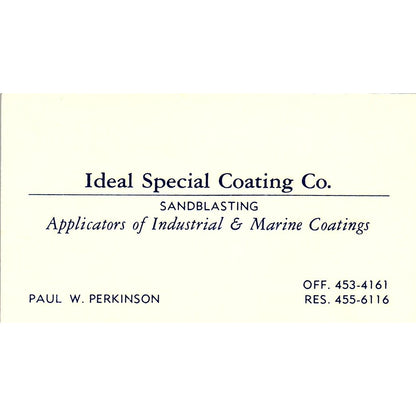 Paul W Perkinson Ideal Special Coating Sandblasters Vintage Business Card SD9-B8