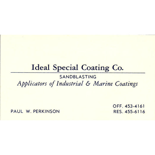 Paul W Perkinson Ideal Special Coating Sandblasters Vintage Business Card SD9-B8