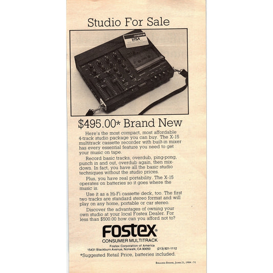 Fostex Consumer Multitrack X-15 Multitrack Cassette Recorder 1984 Ad V14-7