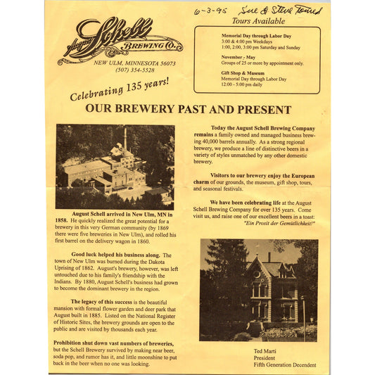 1995 August Schell Brewing Co Tour Leaflet New Ulm Minnesota K23