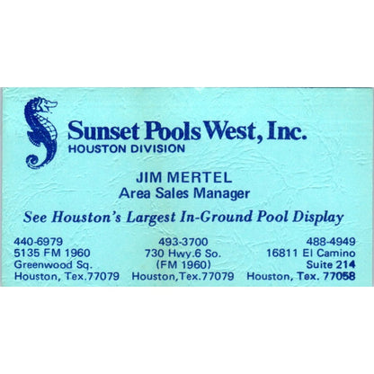 Sunset Pools West Jim Mertel Houston Division TX Vintage Business Card SD4-B2