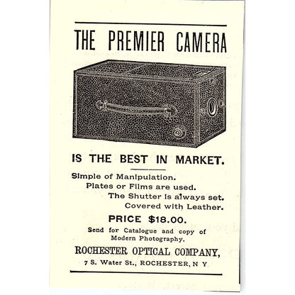 The Premier Camera Rochester Optical Company NY 1892 Ad AG2-M9