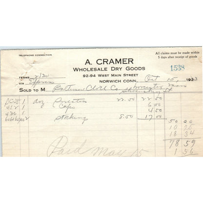 A. Cramer Dry Goods Norwich CT 1923 Original Billhead Letterhead Receipt D8