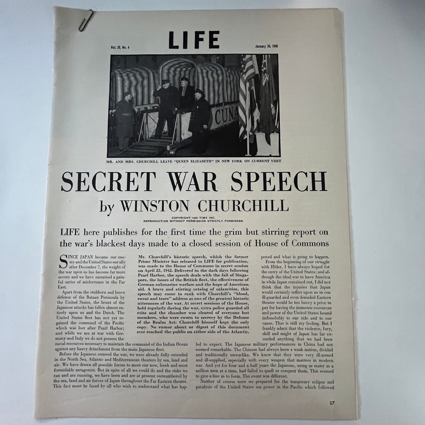1946 Secret War Speech by Winston Churchill 5 Pages 1940s WWII Era Article V29-5