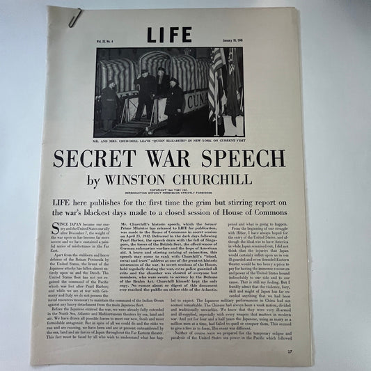 1946 Secret War Speech by Winston Churchill 5 Pages 1940s WWII Era Article V29-5