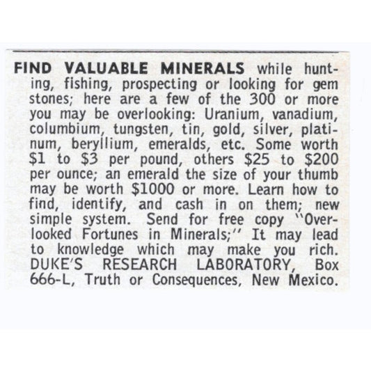 Duke's Research Laboratory Minerals Truth or Consequence NM 1964 Ad AK6-S8