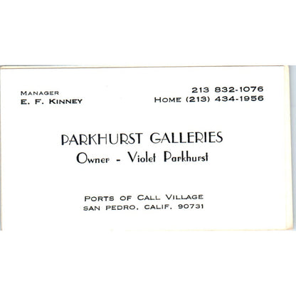 Violet Parkhurst Galleries San Pedro CA E.F. Kiney Vintage Business Card SD4-B4