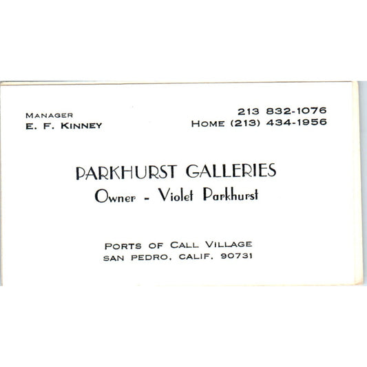 Violet Parkhurst Galleries San Pedro CA E.F. Kiney Vintage Business Card SD4-B4