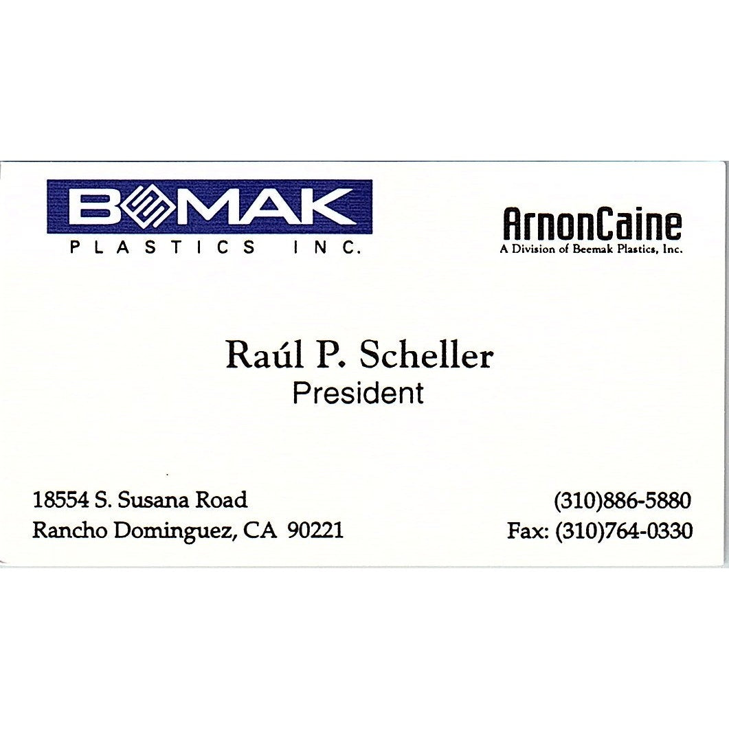 Raúl P Scheller Beemak Plastics Inc Rancho Dominguez CA Vtg Business Card SC9-B8