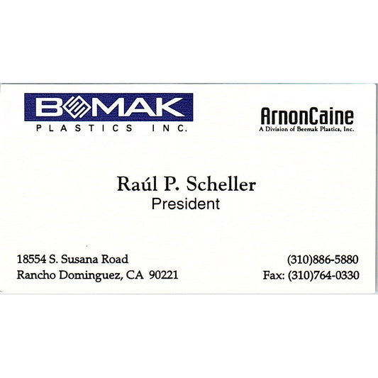 Raúl P Scheller Beemak Plastics Inc Rancho Dominguez CA Vtg Business Card SC9-B8