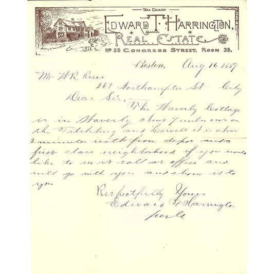 1889 Edward T Harrington Real Estate Letterhead Memo Boston MA AF4-2