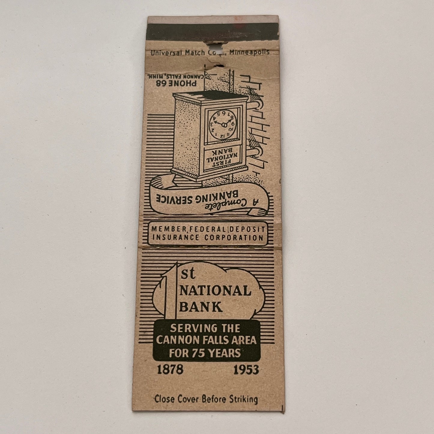 1st National Bank Cannon Falls Minnesota Vintage Matchbook TB6-MB2-15