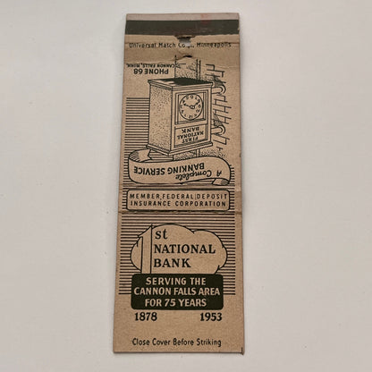 1st National Bank Cannon Falls Minnesota Vintage Matchbook TB6-MB2-15