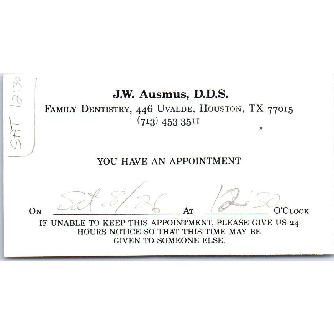 J.W. Ausmus DDS Family Dentistry Houston TX Vintage Business Card SD8-B19