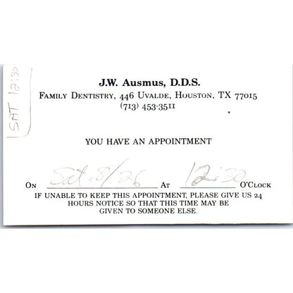 J.W. Ausmus DDS Family Dentistry Houston TX Vintage Business Card SD8-B19