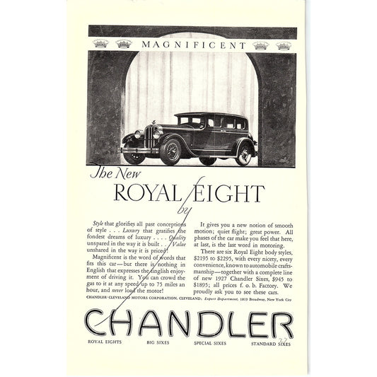 Chandler Royal Eight Motor Car Cleveland OH 6x10" 1920s Original Ad D24