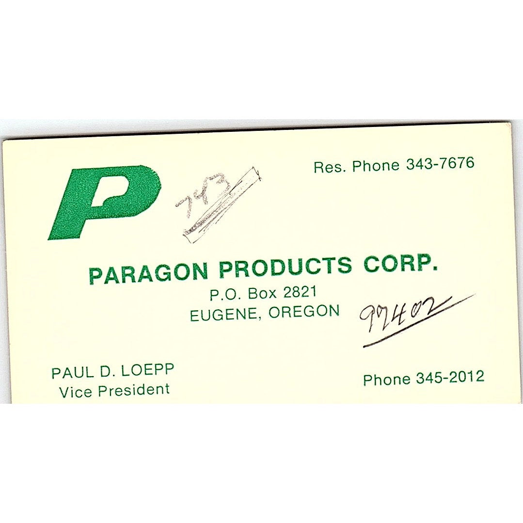 Paragon Products Paul D Eugene Oregon Vintage Business Card SB4-B9