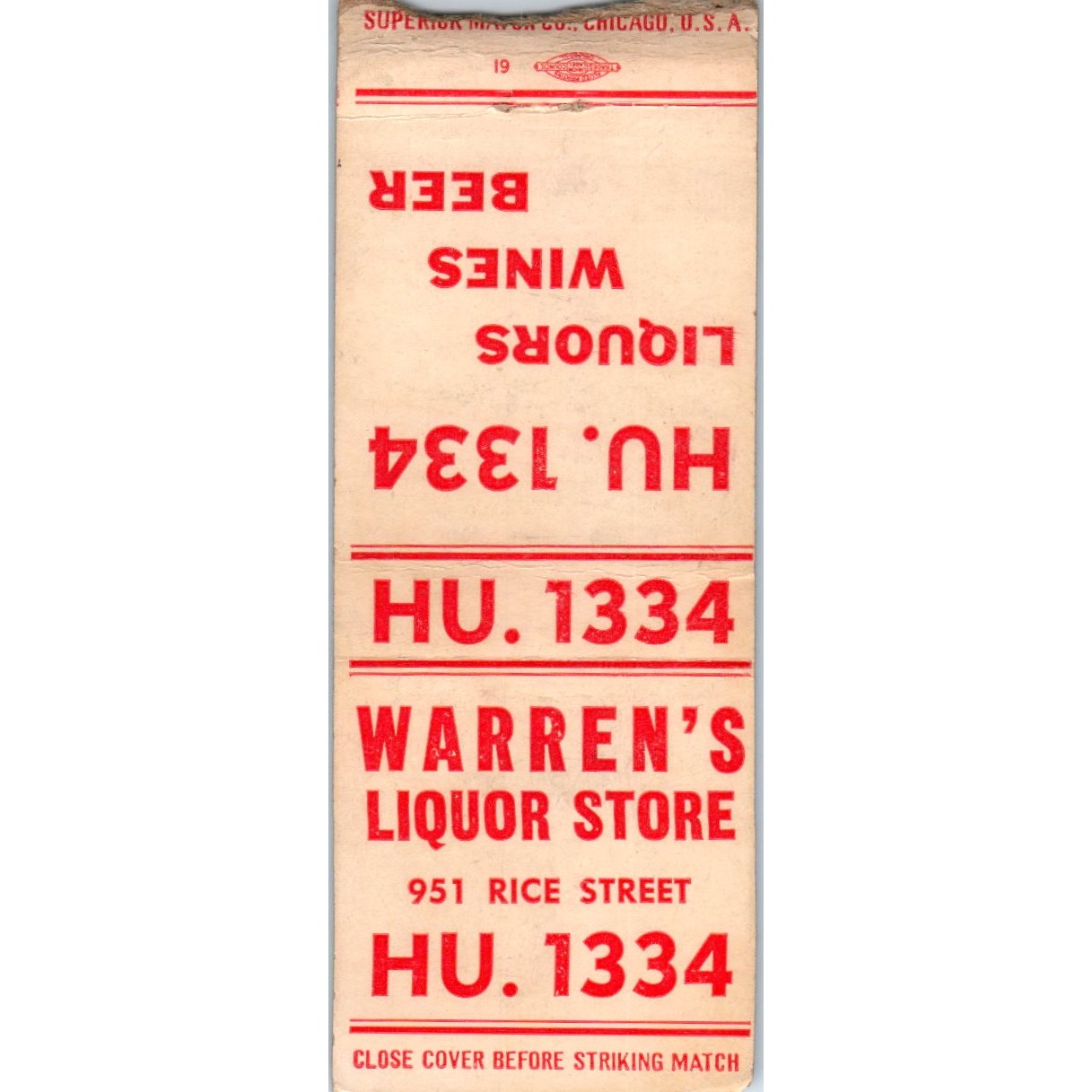 Warren's Liquor Store 951 Rice Street Minneapolis Vintage Matchbook Cover SF4-Y8