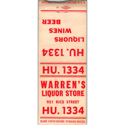 Warren's Liquor Store 951 Rice Street Minneapolis Vintage Matchbook Cover SF4-Y8