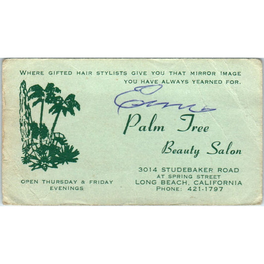 Palm Tree Beauty Salon Long Beach CA Vintage Business Card SD8-B10