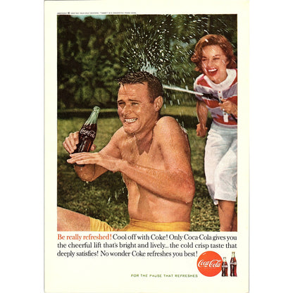 Lady Spraying Her Boo With A Hose 1960 Coca-Cola Coke Ad 6.75x10 V19