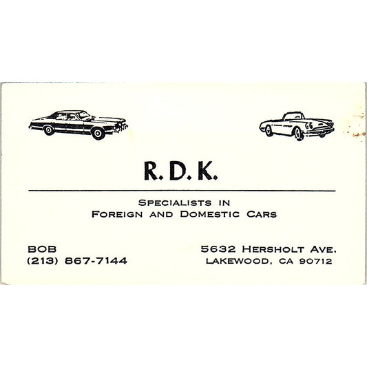 R.D.K. Foreign & Domestic Car Repair Bob Lakewood CA Vtg Business Card SE3-B13