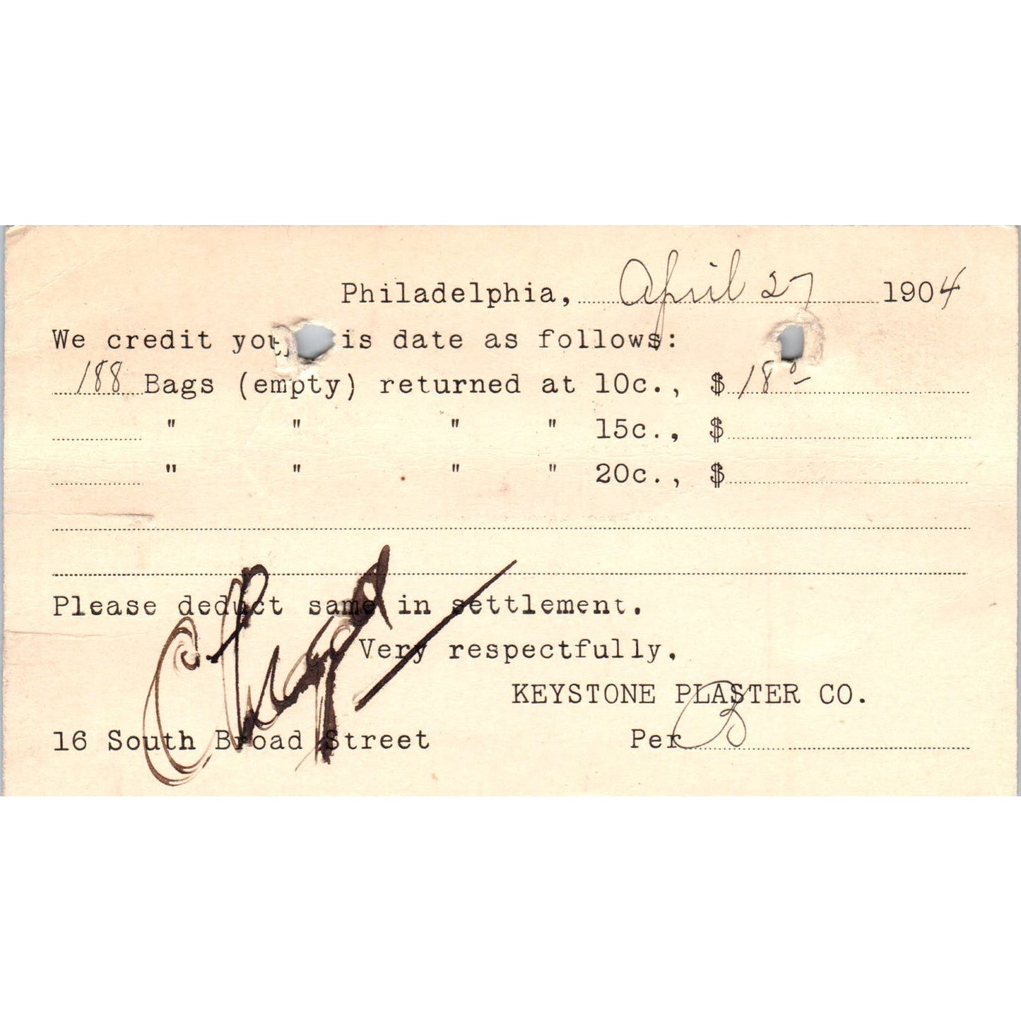 1904 Keystone Plaster Co Philadelphia Credit Payment Receipt Postal Card AE8