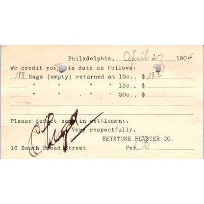 1904 Keystone Plaster Co Philadelphia Credit Payment Receipt Postal Card AE8