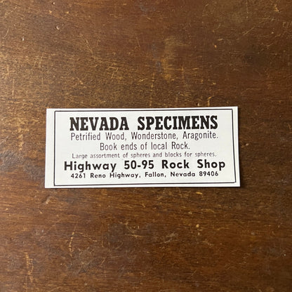 Nevada Specimens Highway 50-95 Rock Shop Fallon NV 1972 Ad AF8-S7