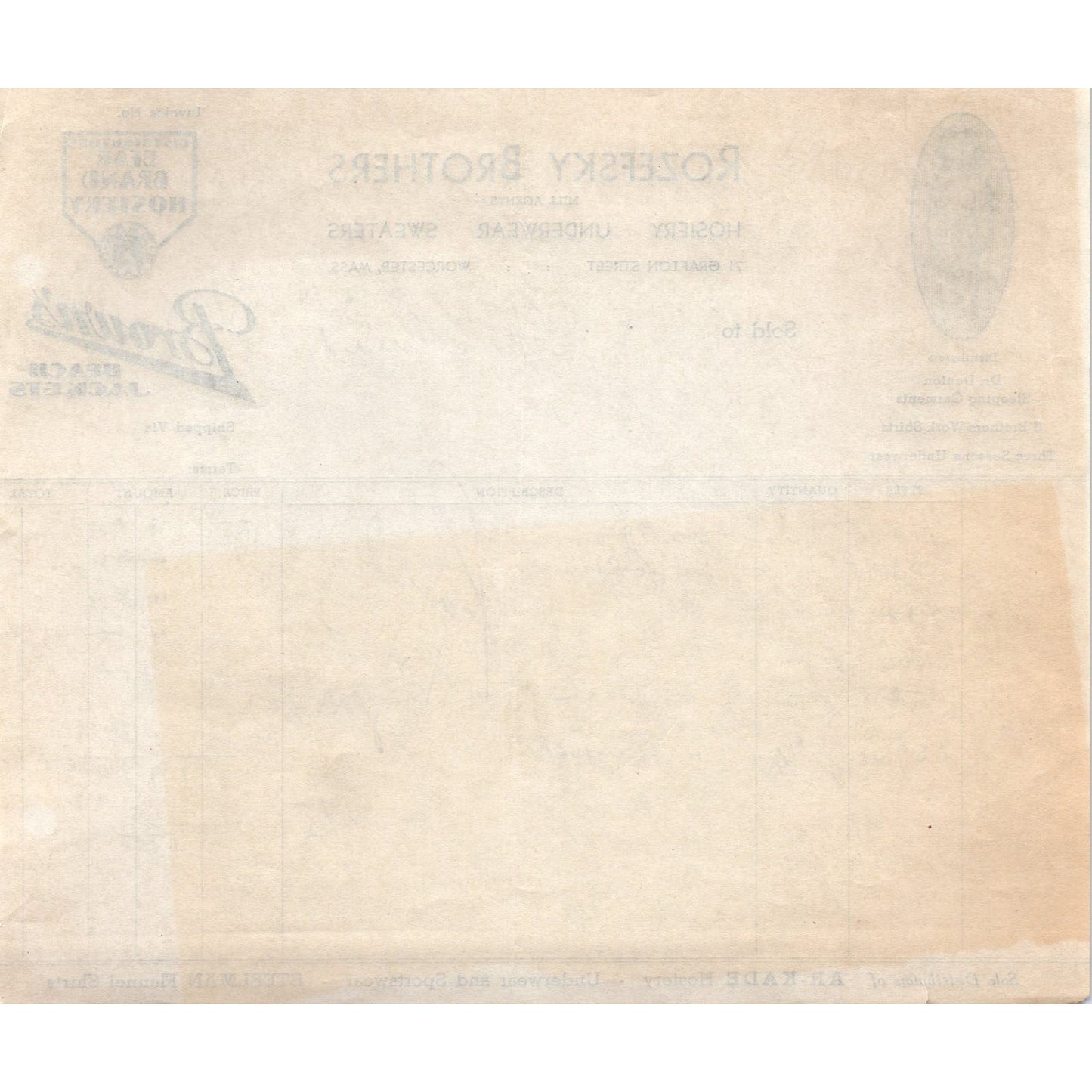 Rozefsky Bros Mill Agents Worcester MA 1940s Original Billhead Letterhead D4