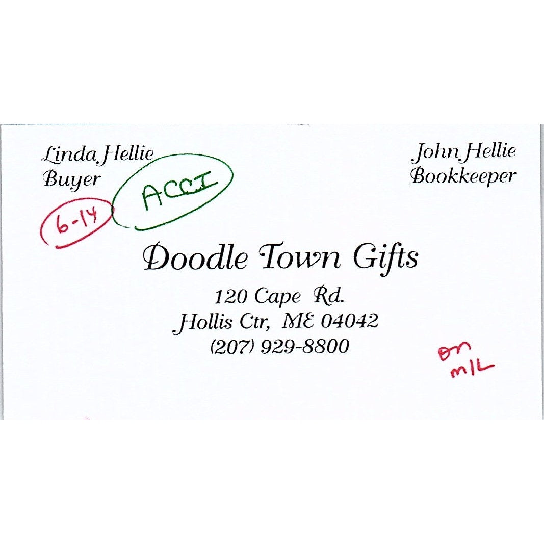 Doodle Town Gifts Linda Hellie Hollis Ctr ME Vintage Business Card SC9-B8