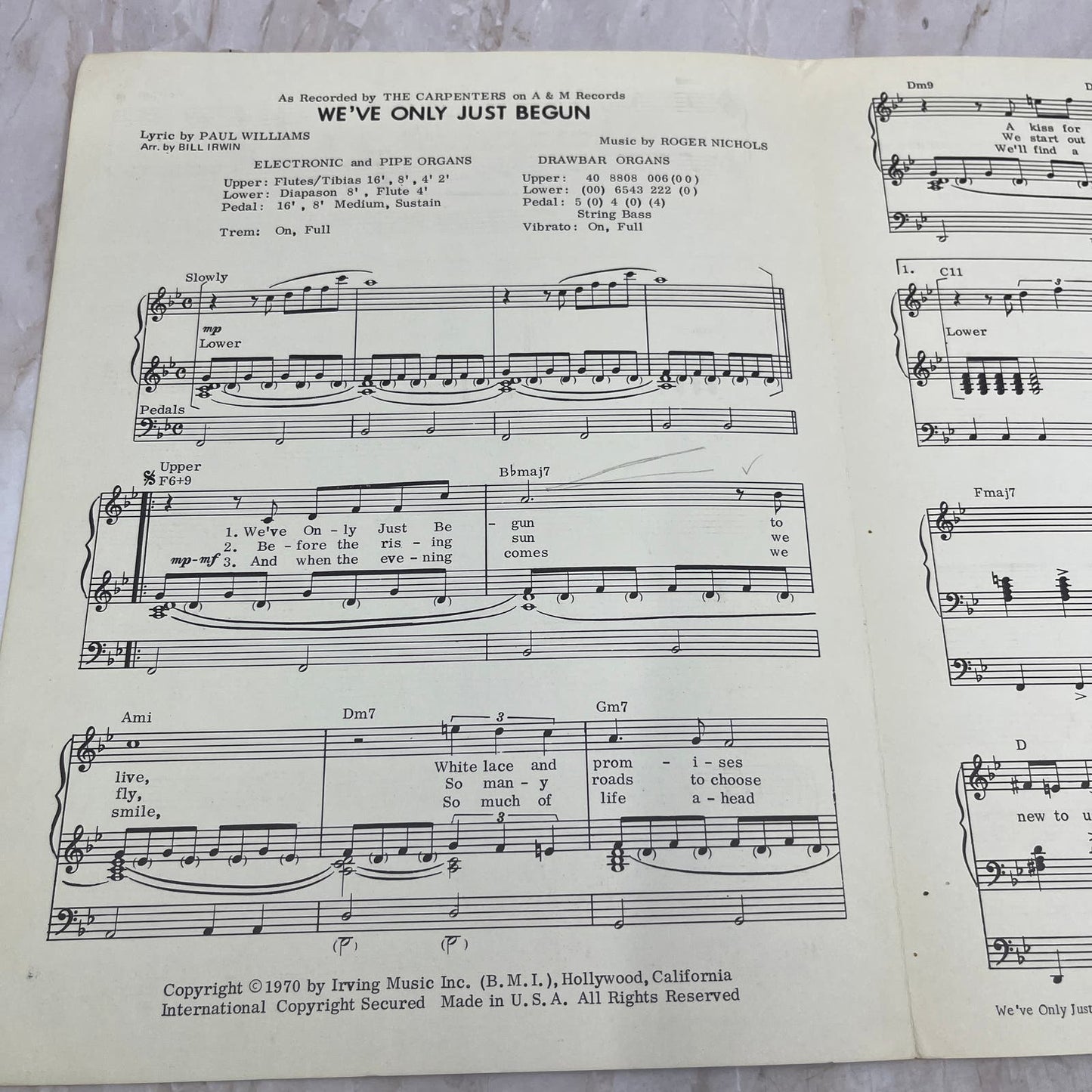 1970 The Carpenters - We've Only Just Begun Sheet Music TI8-S7