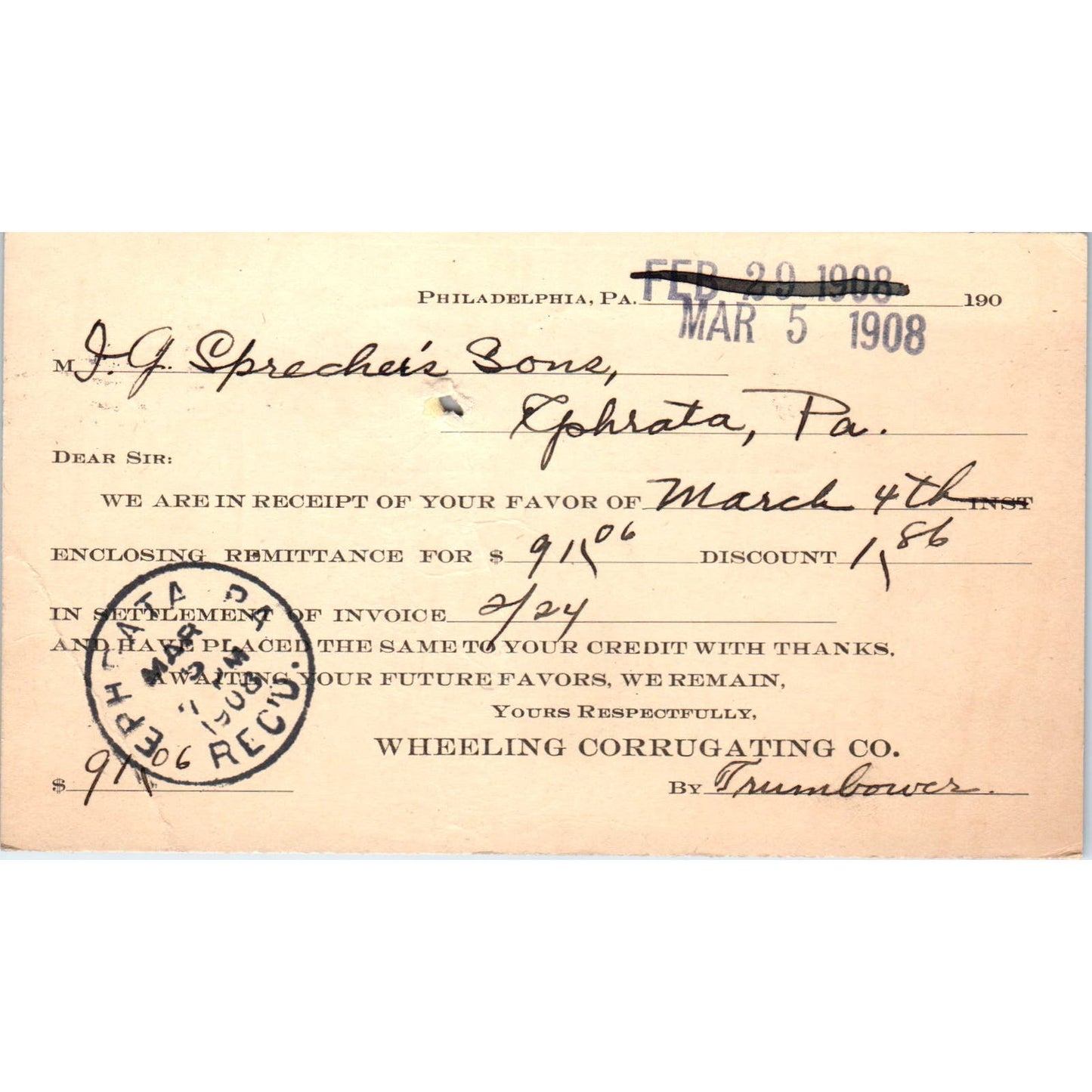 1908 Wheeling Corrugating Co Philadelphia Payment Receipt Postal Card AE8