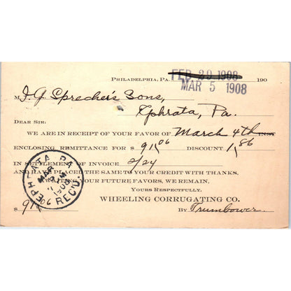 1908 Wheeling Corrugating Co Philadelphia Payment Receipt Postal Card AE8