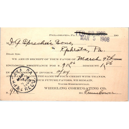 1908 Wheeling Corrugating Co Philadelphia Payment Receipt Postal Card AE8