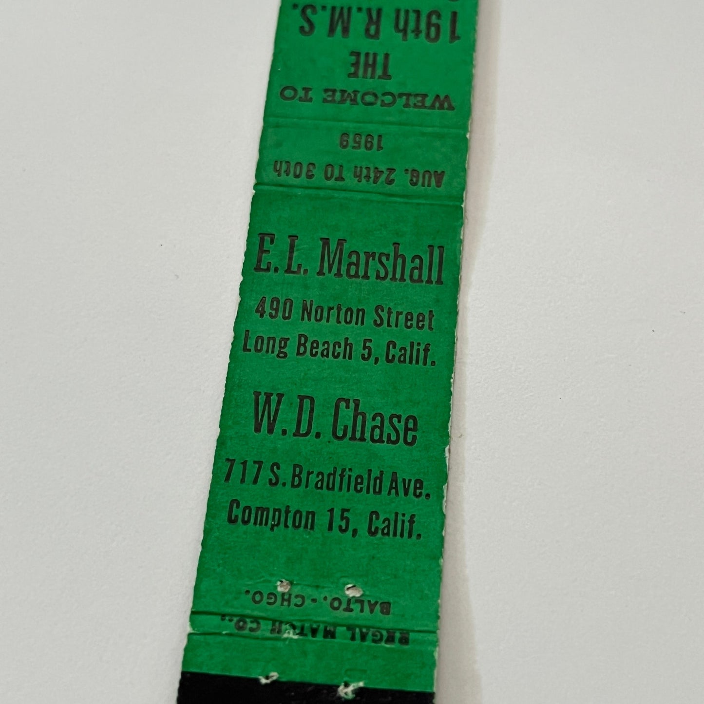 19th RMS Convention E.L. Marshall W.D. Chase Miami Beach FL Matchbook TB6-MB1-14