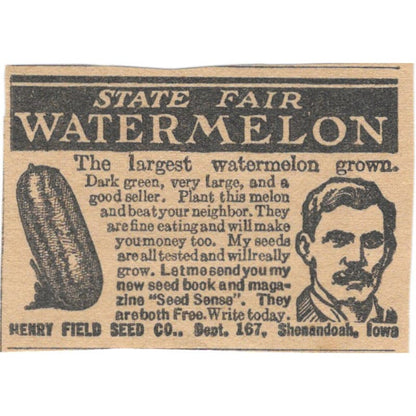 Henry Field Seed Co Shenandoah Iowa State Fair Watermelon 1923 Magazine Ad AE1-7