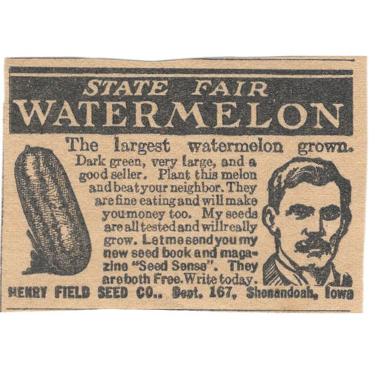 Henry Field Seed Co Shenandoah Iowa State Fair Watermelon 1923 Magazine Ad AE1-7