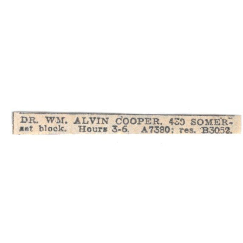 Dr William Alvin Cooper 430 Somerset Block Winnipeg 1920 Ad AG2-S10