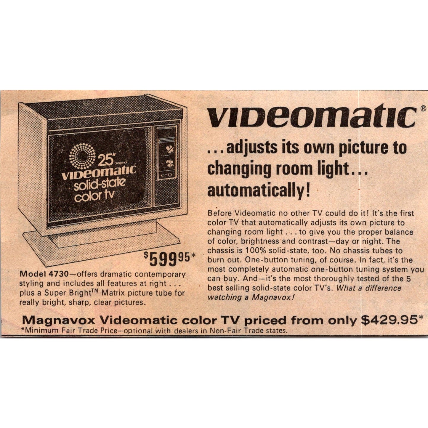 Magnavox Videomatic Solid-State Color TV 1973 Ad AH2-2