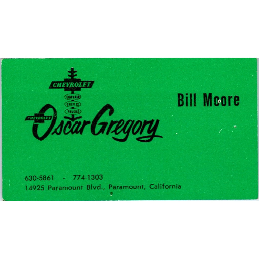 Bill Moore Oscar Gregory Chevrolet Paramount CA Vintage Business Card SE3-B7