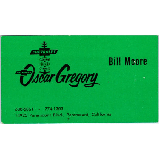 Bill Moore Oscar Gregory Chevrolet Paramount CA Vintage Business Card SE3-B7