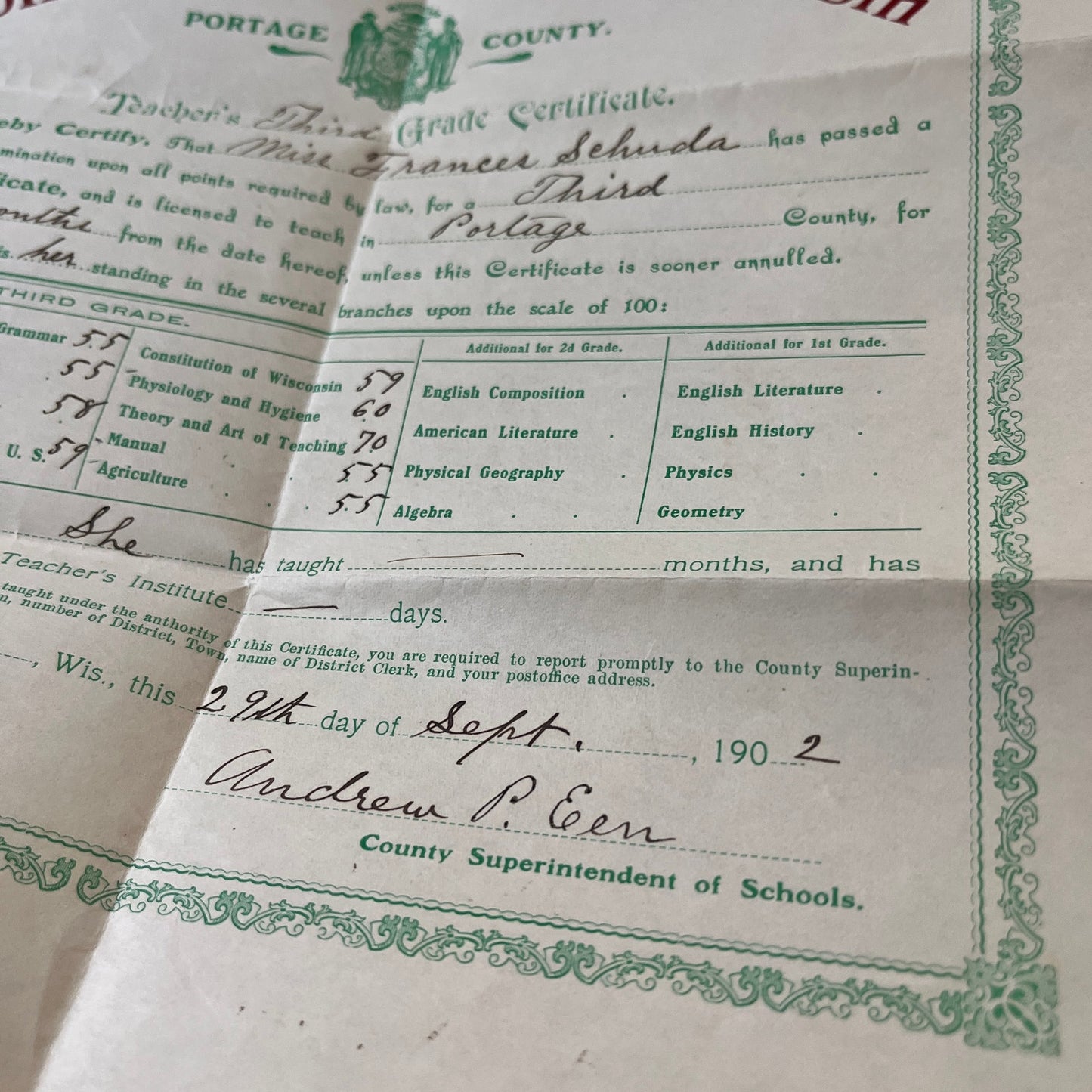 1902 Portage Cty 3rd Grade Cert Frances Schunda Andrew P. Een Amherst WI TH2-OP5