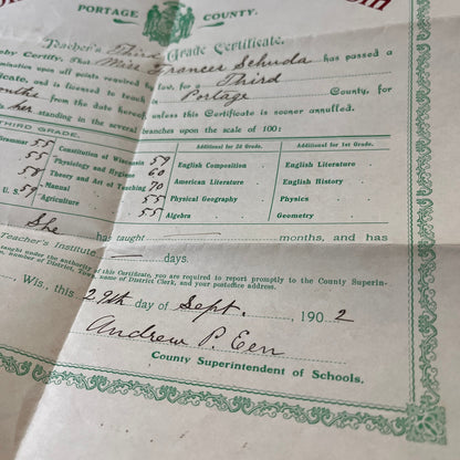 1902 Portage Cty 3rd Grade Cert Frances Schunda Andrew P. Een Amherst WI TH2-OP5