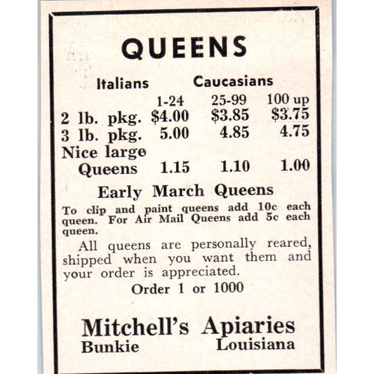 Italian Caucasian Queens Mitchell's Apiarie Bunkie LA 1961 Magazine Ad AK6-S12