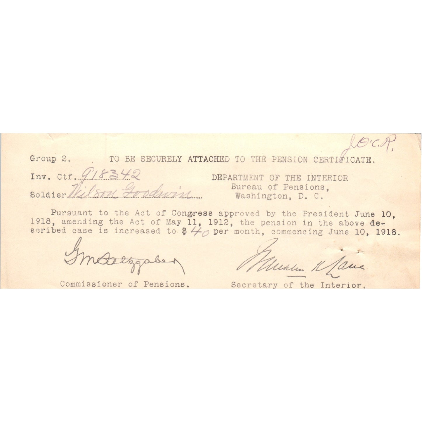 1918 US Department of the Interior Pension Increase Letter AD8-R2