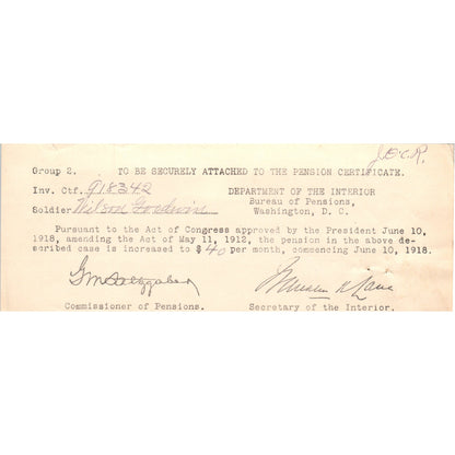 1918 US Department of the Interior Pension Increase Letter AD8-R2